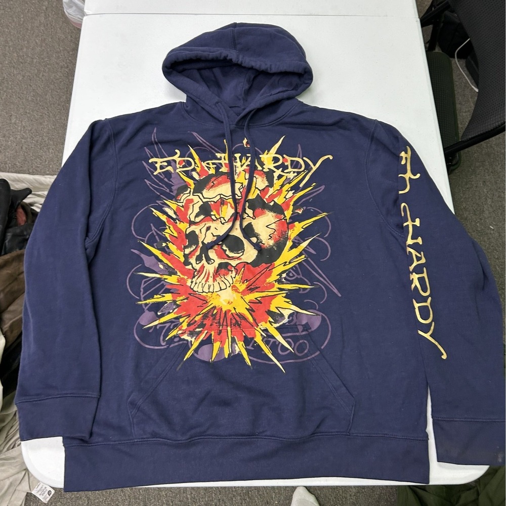Ed Hardy Pullover Hoodie Mens XL Navy Blue Skull Graphic EHMTJ1300-16